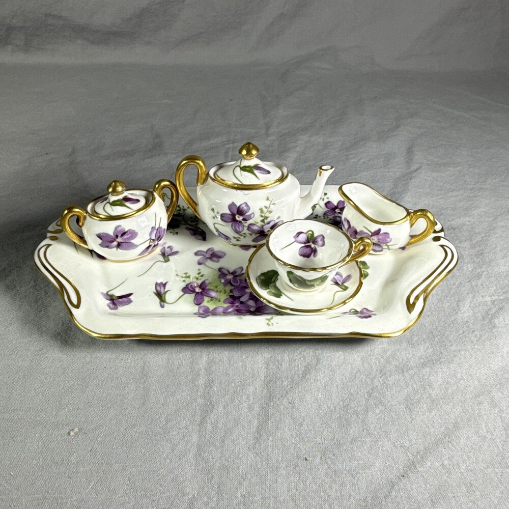 * Mid-Century Hammersley Miniature Tea Set Victorian Violets Acorn Mark England